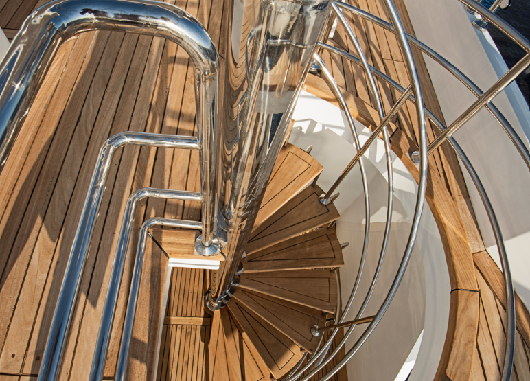 Shiny yacht staircase using Antibes Ship cleaning products.